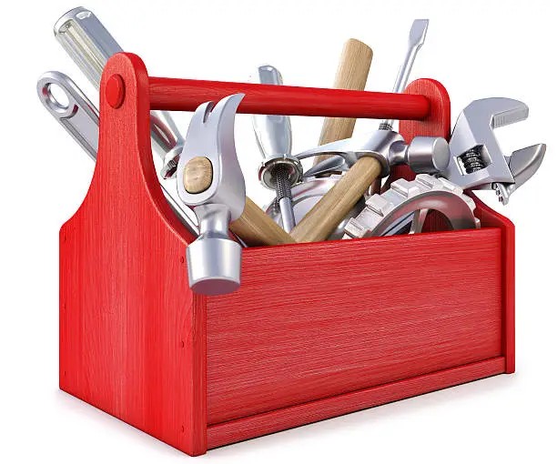 Red toolbox full of hand tools